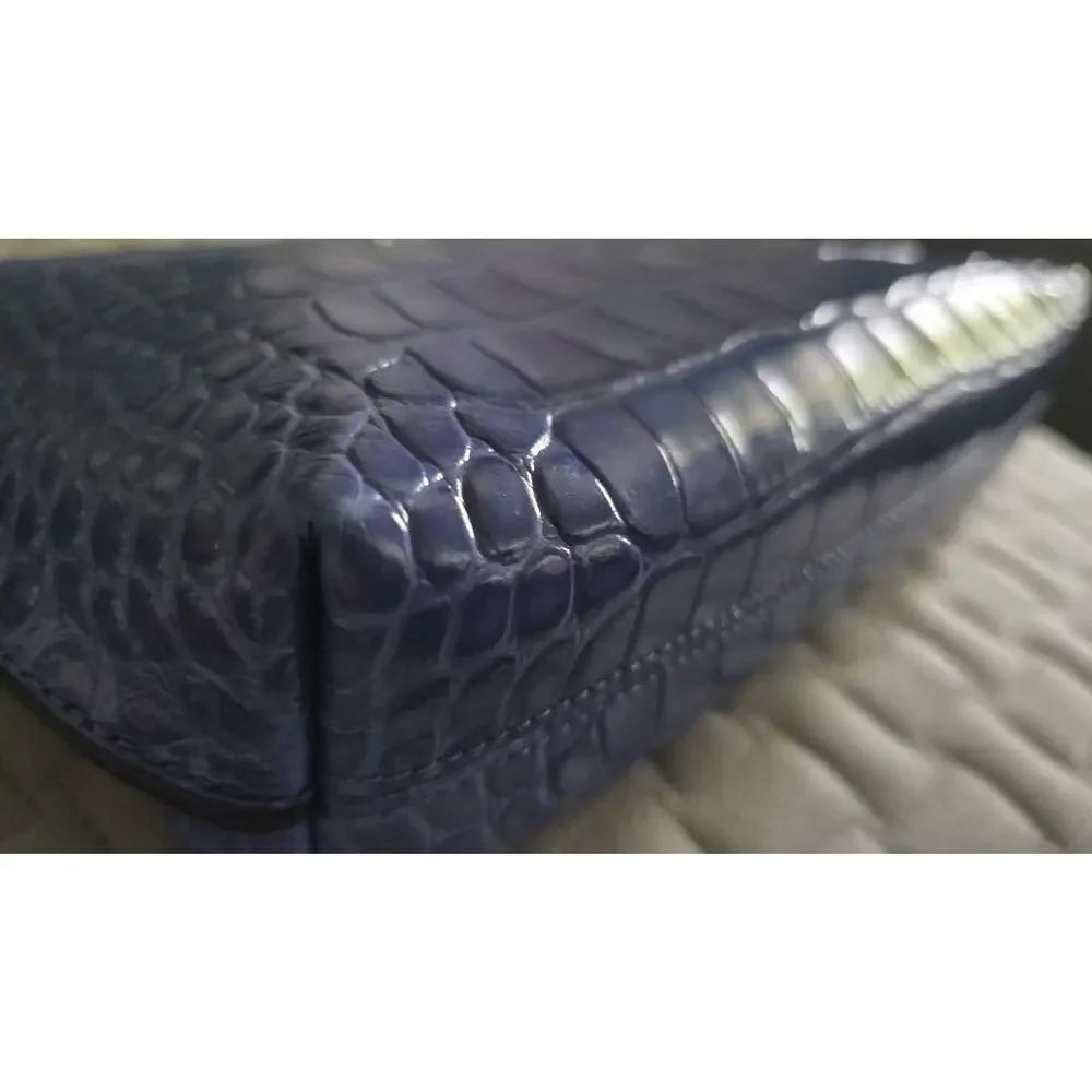 Ralph Lauren Large Blue Croc Embossed Leather Pouch RLL Zip Clutch NWT